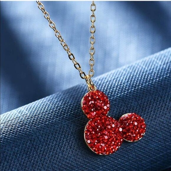 18K Yellow Gold and Ruby Red Crystal Mickey Mouse Adjustable Charm Necklace - Picture 2 of 6